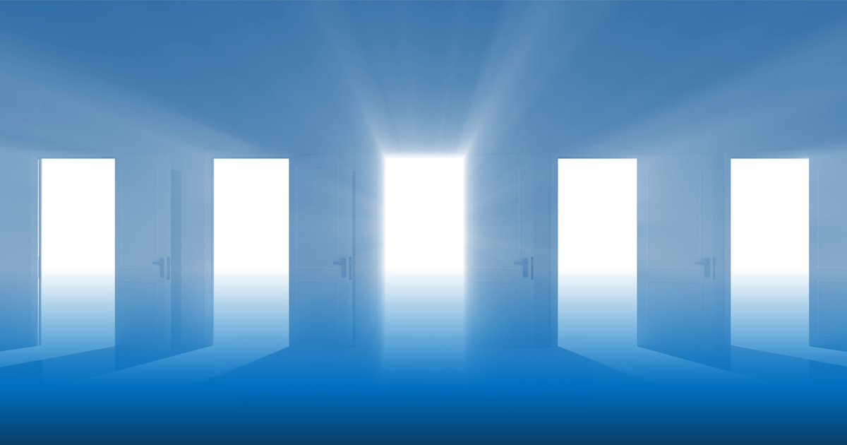 Blue background with 5 open doors with light emanating